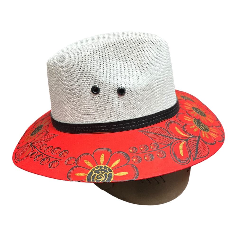 HAT MEXICAN Artisanal Hand Painted Fedora Floral Sombrero Panama Bohemian Red - Picture 3 of 6
